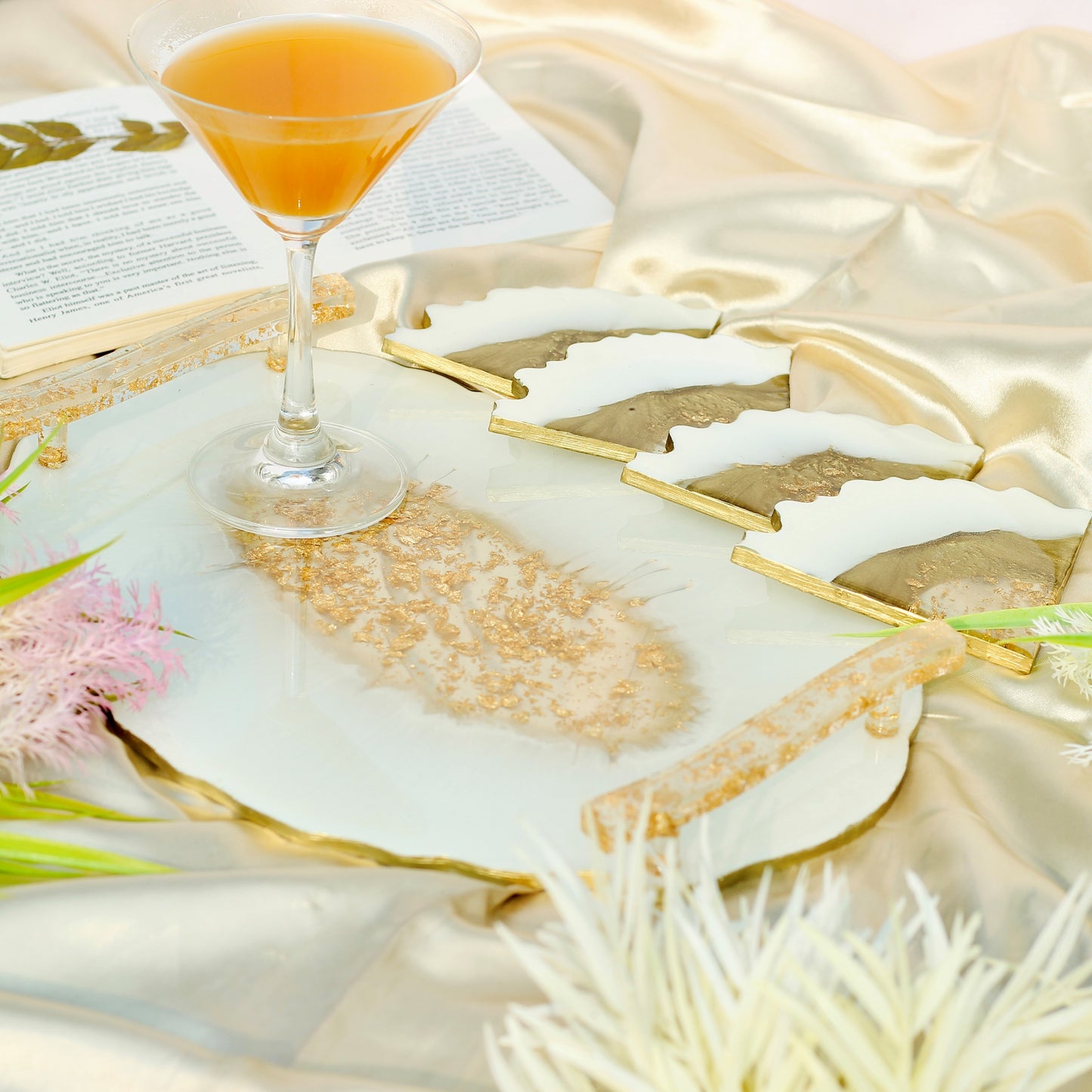 Milky White & Golden Handmade Tray With 6 Triangle Coasters