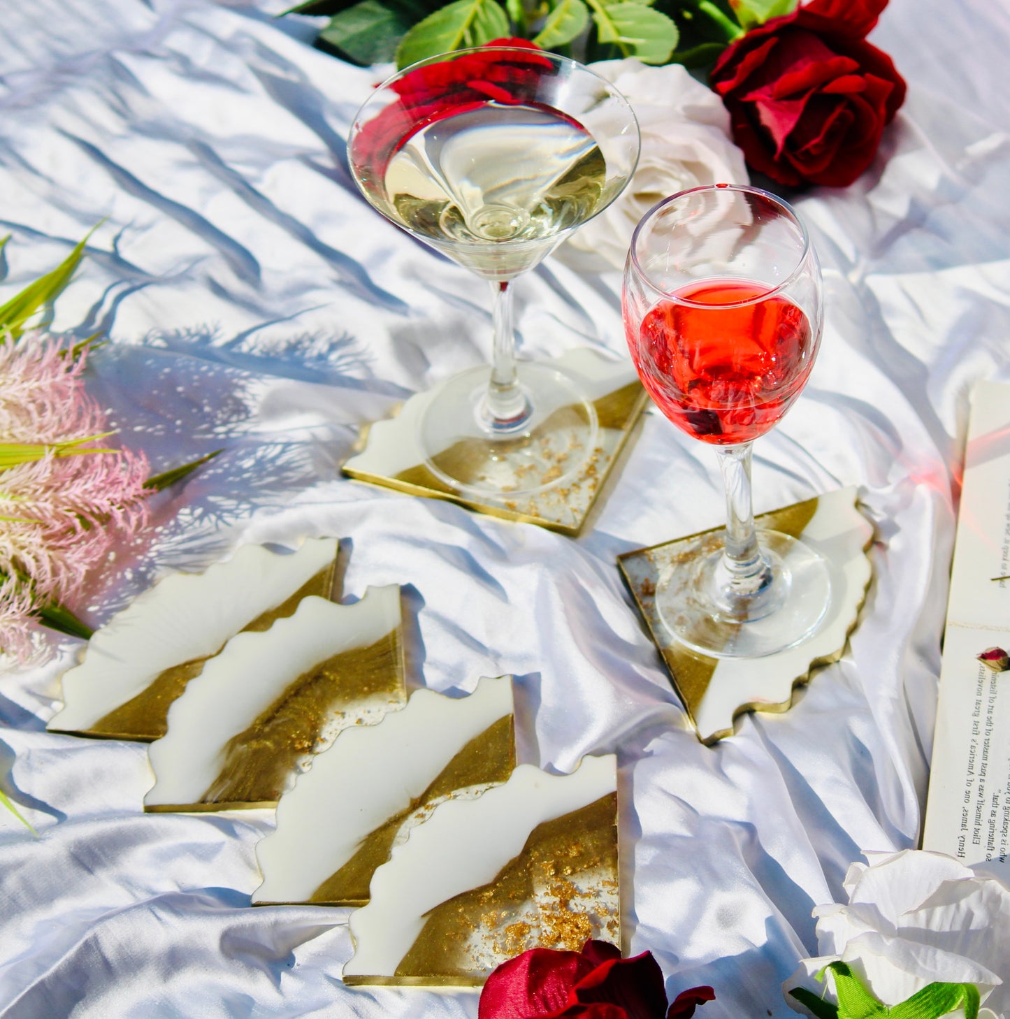 Milky White & Golden Handmade Tray With 6 Triangle Coasters