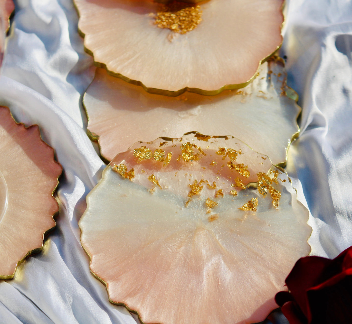 Peach and Pearl white - Handmade Resin Coasters Set Of 6