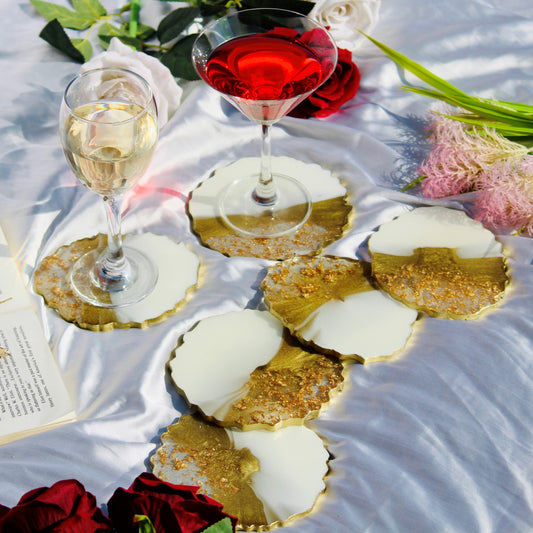 Milky White and Golden - Handmade Resin Coasters Set Of 6
