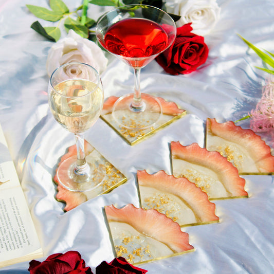 Impact - Handmade Resin Coasters Set Of 6 (Peach/Pearl White Gold)
