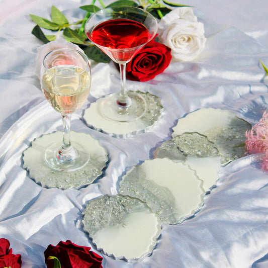 Milky White and Silver - Handmade Resin Coasters Set Of 6