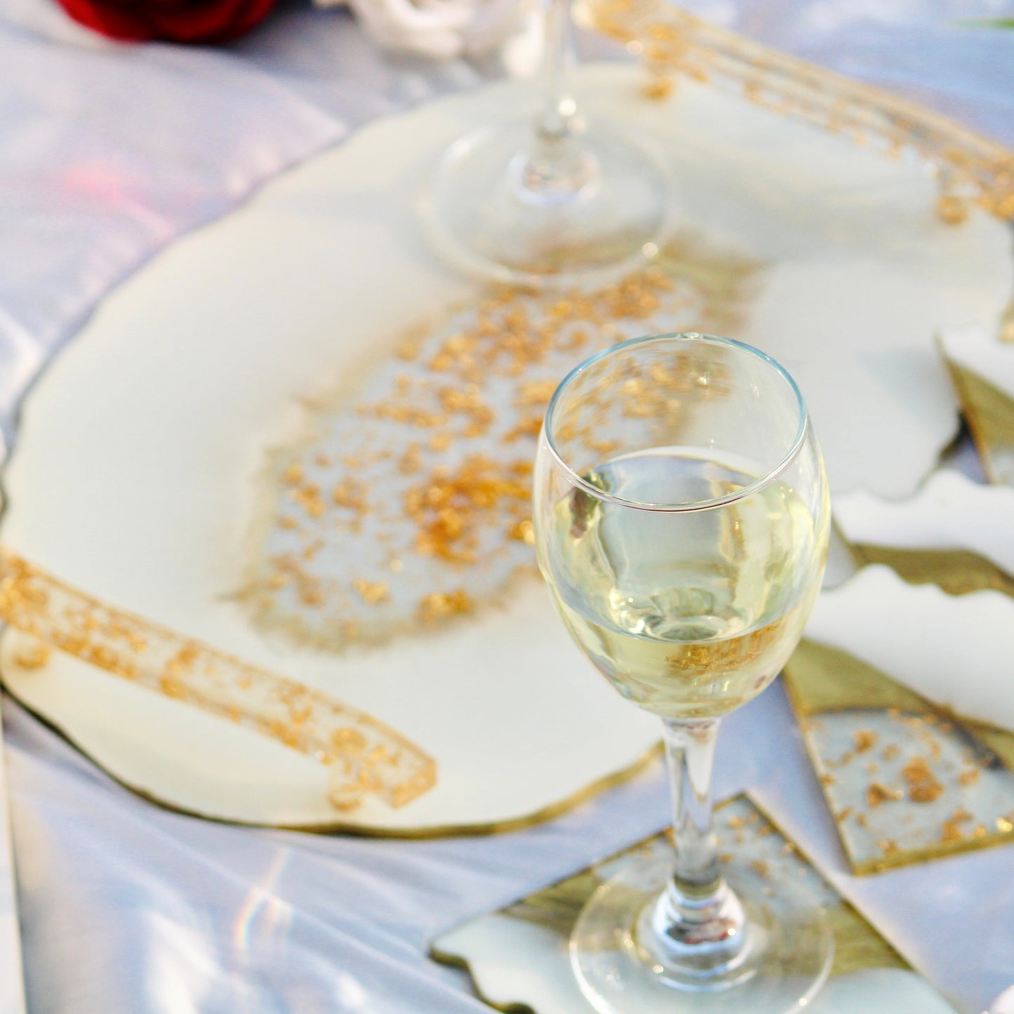 Milky White & Golden Handmade Tray With 6 Triangle Coasters