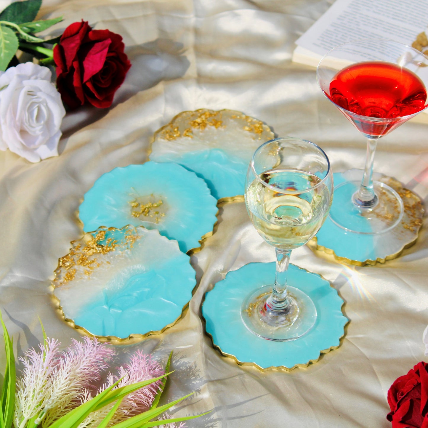 Resin Art Spiral Blue Handmade Tray With Six Coasters