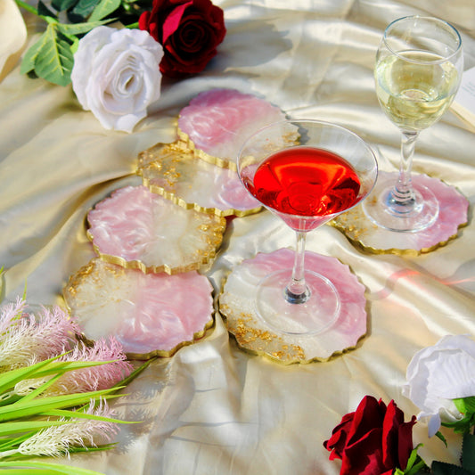 Pink and Pearl white - Handmade Resin Coasters Set Of 6