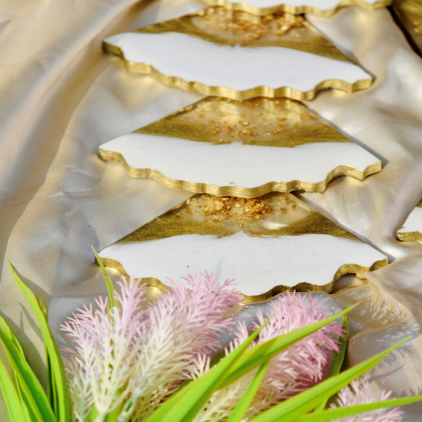 Milky White & Golden Handmade Tray With 6 Triangle Coasters