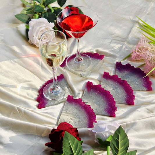 Glittery Beast - Handmade Resin Coasters Set Of 6 (Pink/Silver)